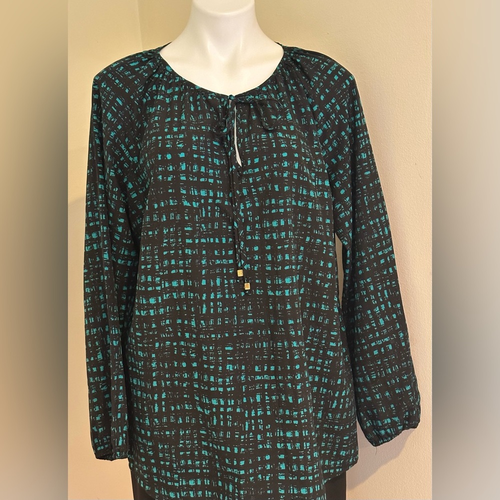 MICHAEL KORS Black & Blue,Long Sleeve Tunic Top Sz.XL Elastic Sleeves.